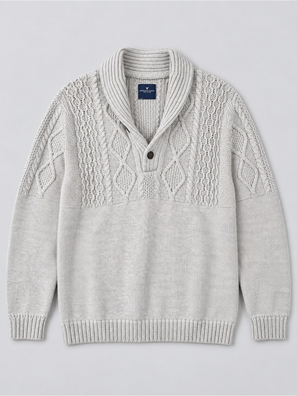 American Eagle Mens Chunky Cable Knit Shawl Collar Fisherman Sweater XXL Ivory